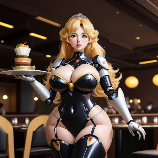 best ai picture generator - a woman dressed in a cosplay holding a cake on a tray in a restaurant with chairs and tables, by Terada Katsuya