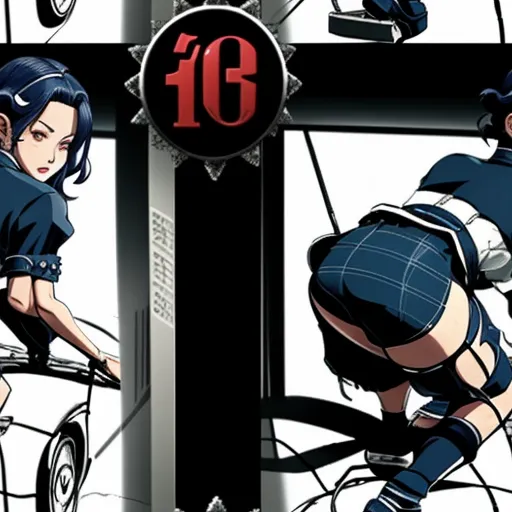 a cartoon of a girl on a bike with a cross in the background and a man on a bike behind her, by Masamune Shirow