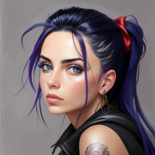 a painting of a woman with blue hair and a red bow in her hair and a tattoo on her shoulder, by Daniela Uhlig