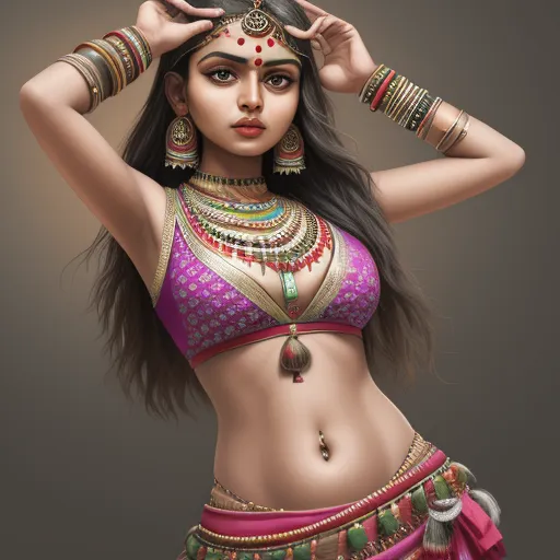 a woman in a belly ring and a bra top with a head piece on her head and a necklace on her head, by Lois van Baarle