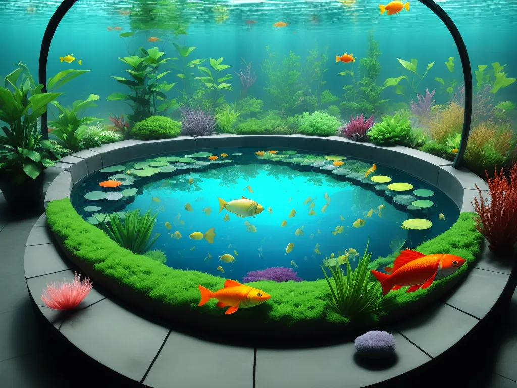 best text-to image ai - a fish pond with a fish in it and a fish in the water and a fish in the water, by Evgeni Gordiets