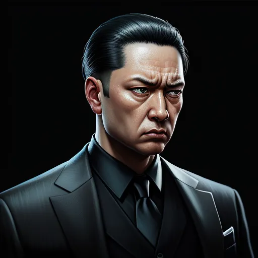 a man in a suit and tie with a serious look on his face and shoulders, in a dark background, by Hanabusa Itchō