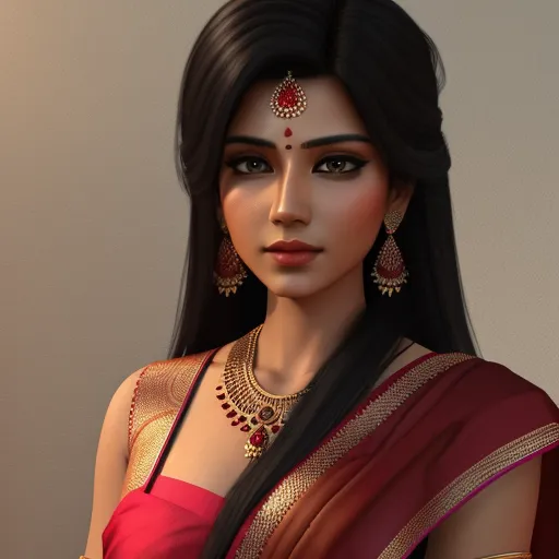 ai text to image generator - a woman in a red and gold sari with a necklace and earrings on her head and a red and gold necklace on her neck, by Raja Ravi Varma