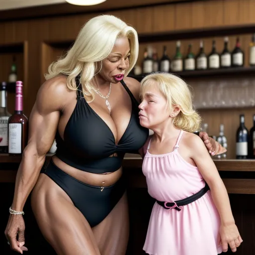 a woman and a little girl in a bikini posing for a picture in a bar with bottles of wine, by David LaChapelle