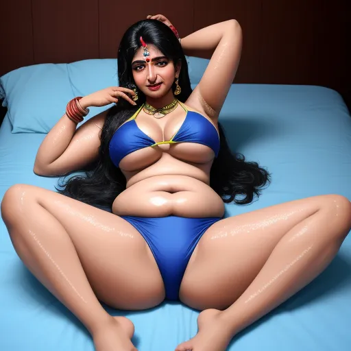 image resolution enhancer - a woman in a blue bikini laying on a bed with her hands on her head and her legs crossed, by Botero