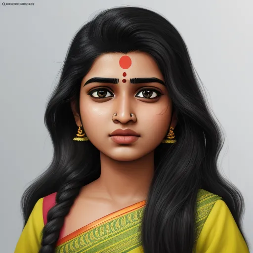 a digital painting of a woman with long hair and a nose ring on her forehead, wearing a yellow saree, by Daniela Uhlig