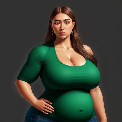 how to make pictures higher resolution - a woman in a green top poses for a picture with her stomach exposed and her hands on her hips, by Fernando Botero