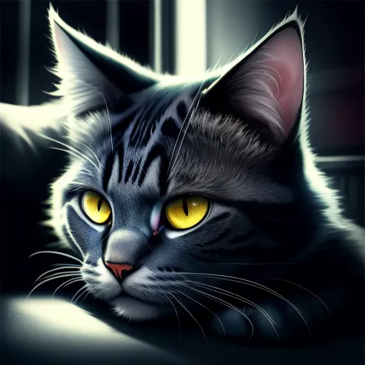 make a picture 4k online - a cat with yellow eyes laying down on a table with a window in the background and a curtain in the background, by Daniela Uhlig