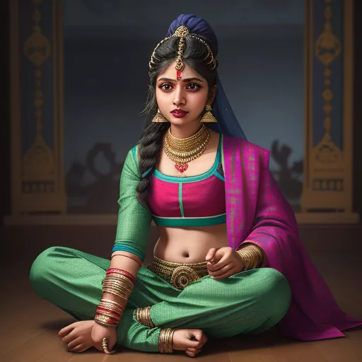 a woman in a green and pink outfit sitting on the floor with her hands crossed and her eyes closed, by Raja Ravi Varma