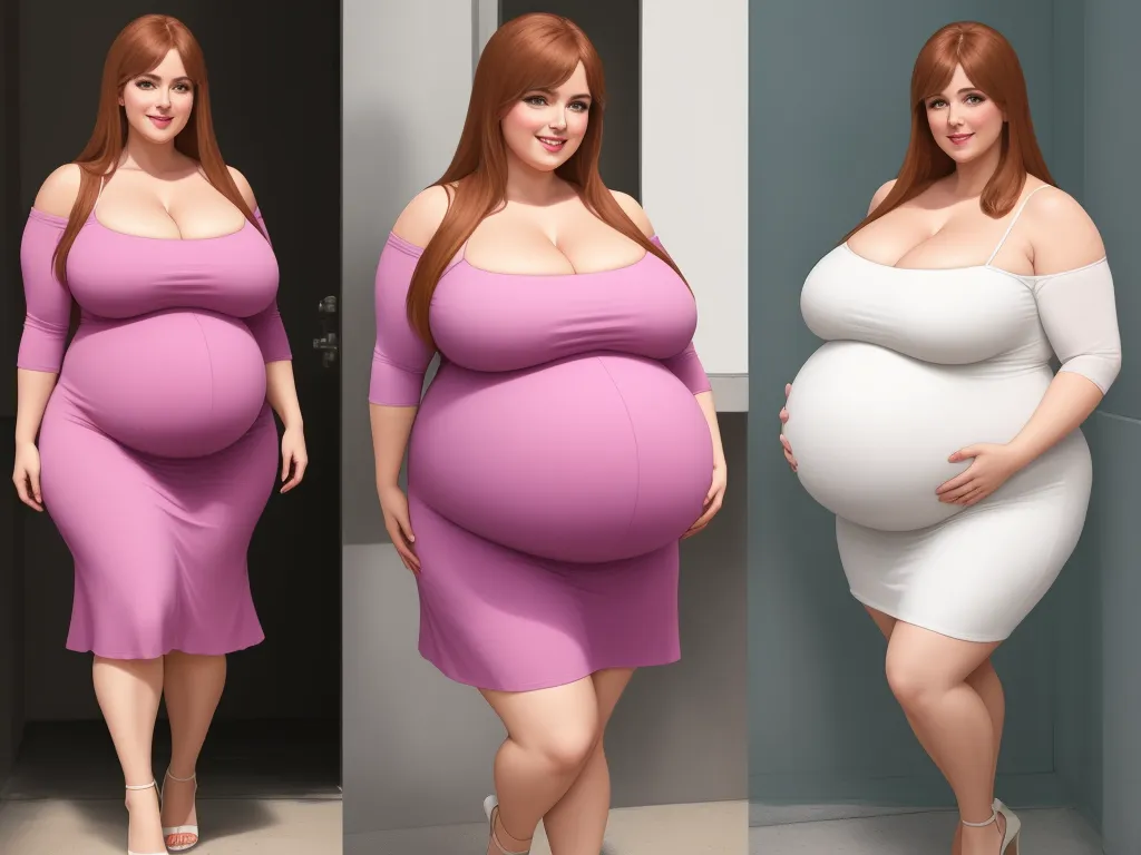 free text to image generator - a pregnant woman in three different poses in a bathroom, in a white dress and in a pink dress, by Terada Katsuya