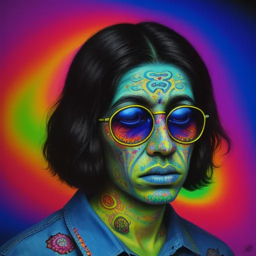 a painting of a man with a psychedelic look on his face and chest and glasses on his face, with a rainbow background, by Ed Paschke