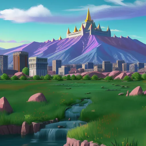 free online upscaler - a painting of a city with a mountain in the background and a river running through it in the foreground, by Hanna-Barbera