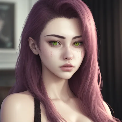 a woman with green eyes and pink hair is looking at the camera with a serious look on her face, by Daniela Uhlig