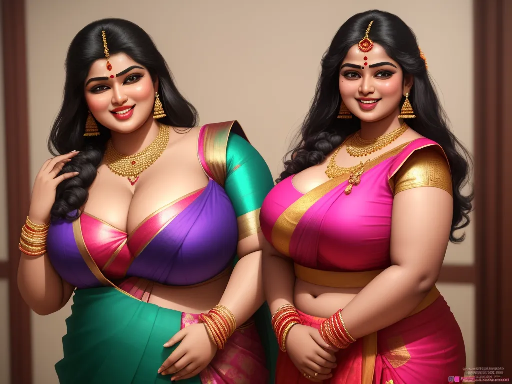 best ai text to image generator - two women in sari are posing for a picture together, both wearing gold jewelry and one wearing a green sari, by Raja Ravi Varma