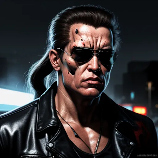 a man with a black leather jacket and sunglasses on his face and a black leather jacket on his shoulders, by Jeff Simpson