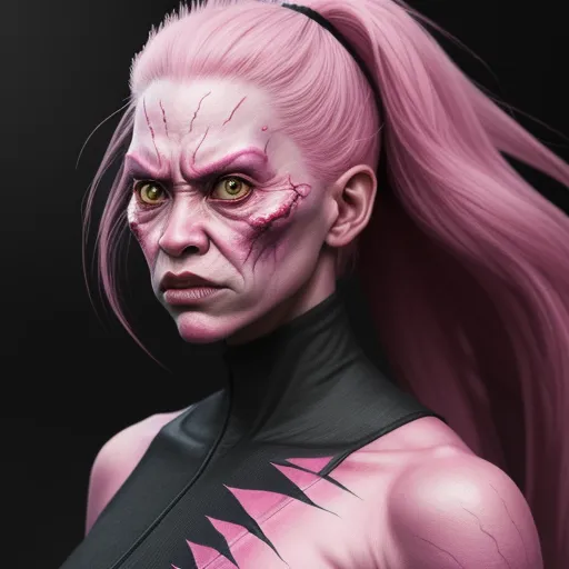 ai based photo editor - a woman with pink hair and a black top with a pink face and a black body suit with a pink hair, by Terada Katsuya