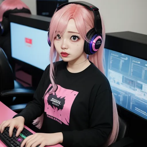 a girl with pink hair wearing headphones and using a computer keyboard and mouse in a room with computer monitors, by Terada Katsuya