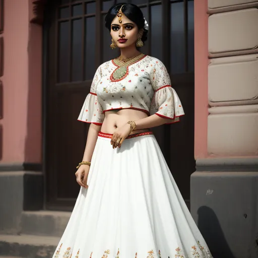 a woman in a white and red lehenga standing in front of a building with a red door, by Hendrik van Steenwijk I