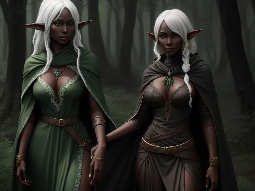 low quality images - two women in green and brown outfits in a forest with trees and bushes behind them, one of them is wearing a green cape, by Lois van Baarle