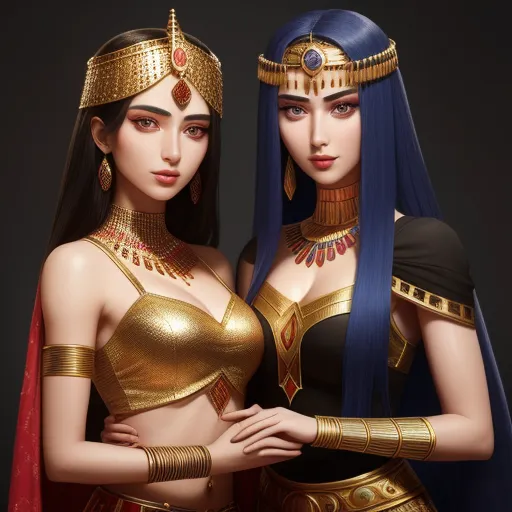 two women dressed in egyptian costumes posing for a picture together, both wearing gold and blue hair and jewelry, by Chen Daofu