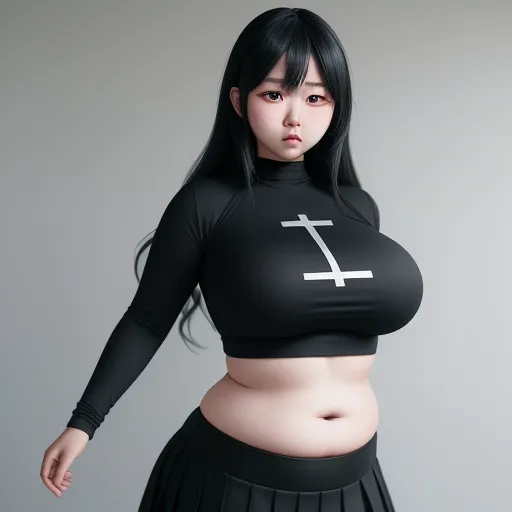 a woman in a black top and skirt posing for a picture with a cross on her chest and a cross on her chest, by Terada Katsuya