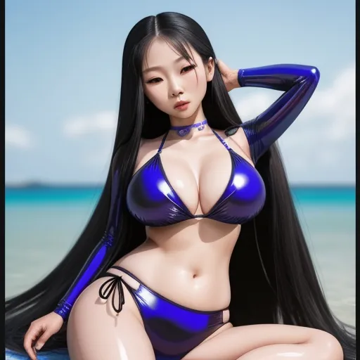 hd images - a very pretty asian woman in a bikini on a surfboard in the ocean with long black hair and a blue bikini, by Hirohiko Araki