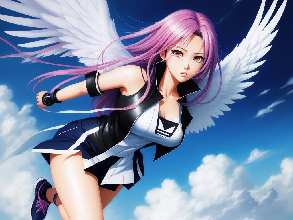a girl with pink hair and wings flying through the air with a sword in her hand and a blue sky with clouds behind her, by Hanabusa Itchō
