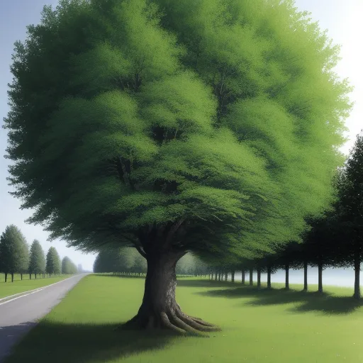 a painting of a tree lined road with a line of trees in the background and a person walking on the side of the road, by Alex Katz