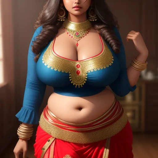 best ai picture generator - a woman in a blue and gold outfit with a big breast and a gold necklace on her neck and a red skirt, by Akira Toriyama