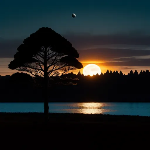 photo images - a tree is silhouetted against a sunset over a lake with a bird flying in the sky above it, by David A. Hardy