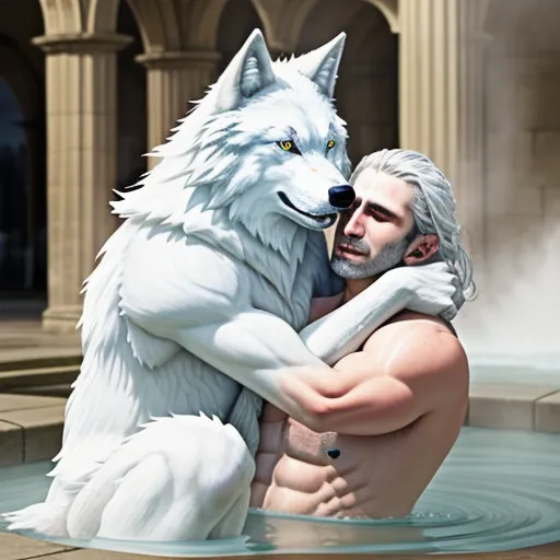 free ai photo enhancer software - a man hugging a white wolf in a pool of water with a building in the background and a fountain in the foreground, by Studio Ghibli