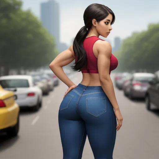 a woman in tight jeans is standing on the street with her back to the camera and her butt showing, by Hendrick Goudt