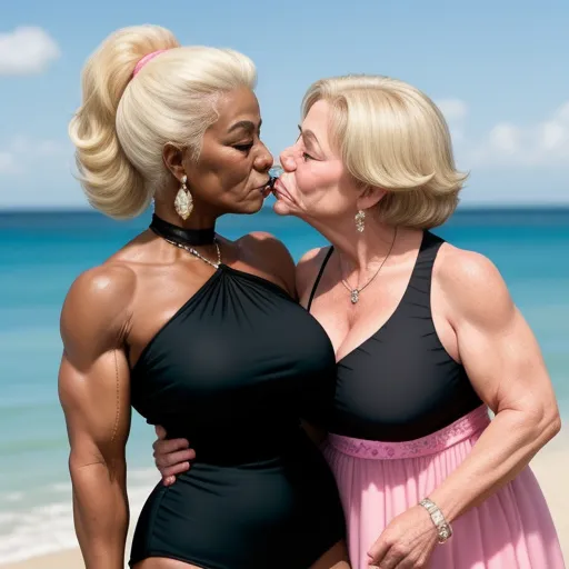 two women in swimsuits kissing each other on the beach with the ocean in the background and a blue sky, by Alec Soth