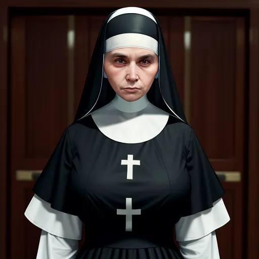 image ai generator from text - a nun in a nun outfit standing in front of a door with a cross on it's chest, by Michelangelo Merisi Da Caravaggio