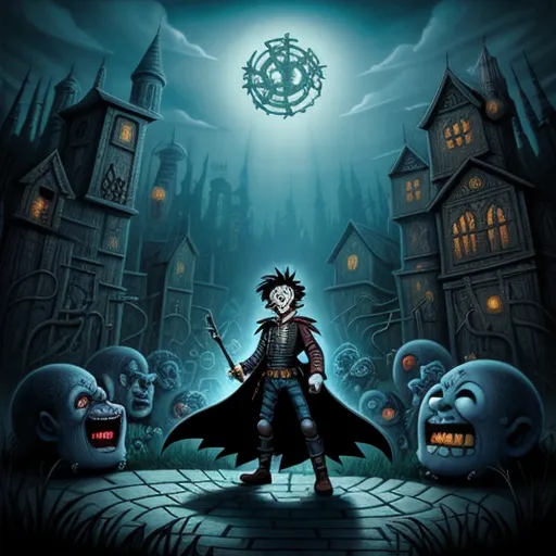 text-to-image ai free - a cartoon character standing in front of a creepy castle with a skeleton head and a demon face on it, by Shawn Coss