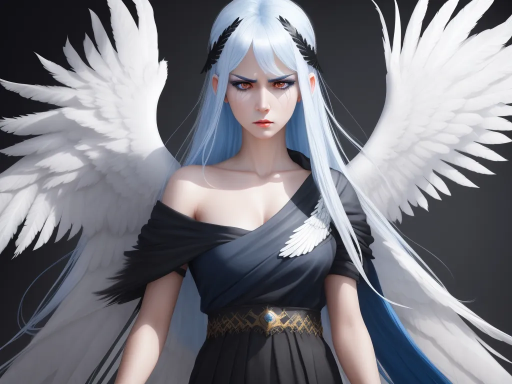 free high resolution images - a woman with white hair and blue hair with white wings on her head and a black dress with a blue sash, by Daniela Uhlig