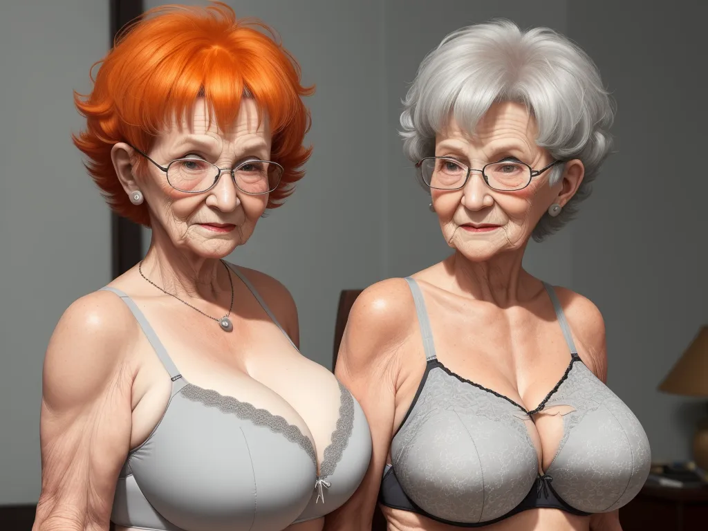 text ai image generator - two women in bras posing for a picture together in a room with a lamp on the side of the wall, by Adam Martinakis