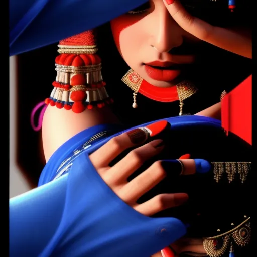ai image generator from text free - a woman with red nails and a blue dress holding a steering wheel and a blue cloth on her head, by Jeannette Guichard-Bunel