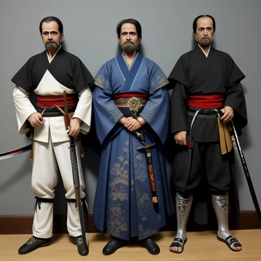 4k quality converter - three men in traditional japanese costumes posing for a picture with swords and swords in their hands, with a gray wall behind them, by Hiroshi Sugimoto