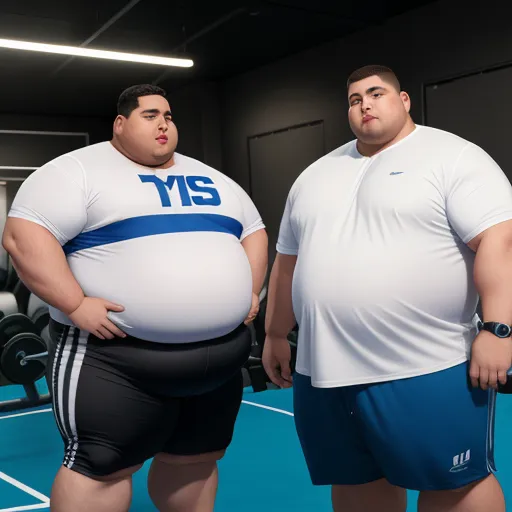best ai text to image generator - two fat men standing next to each other in a gym area with a weight scale on the floor and a weight scale on the wall, by Terada Katsuya