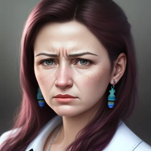 a woman with red hair and earrings on her face is looking at the camera with a sad look on her face, by Lois van Baarle