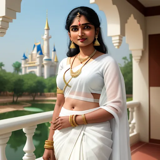 a woman in a white sari and gold jewelry standing on a balcony with a castle in the background, by Raja Ravi Varma