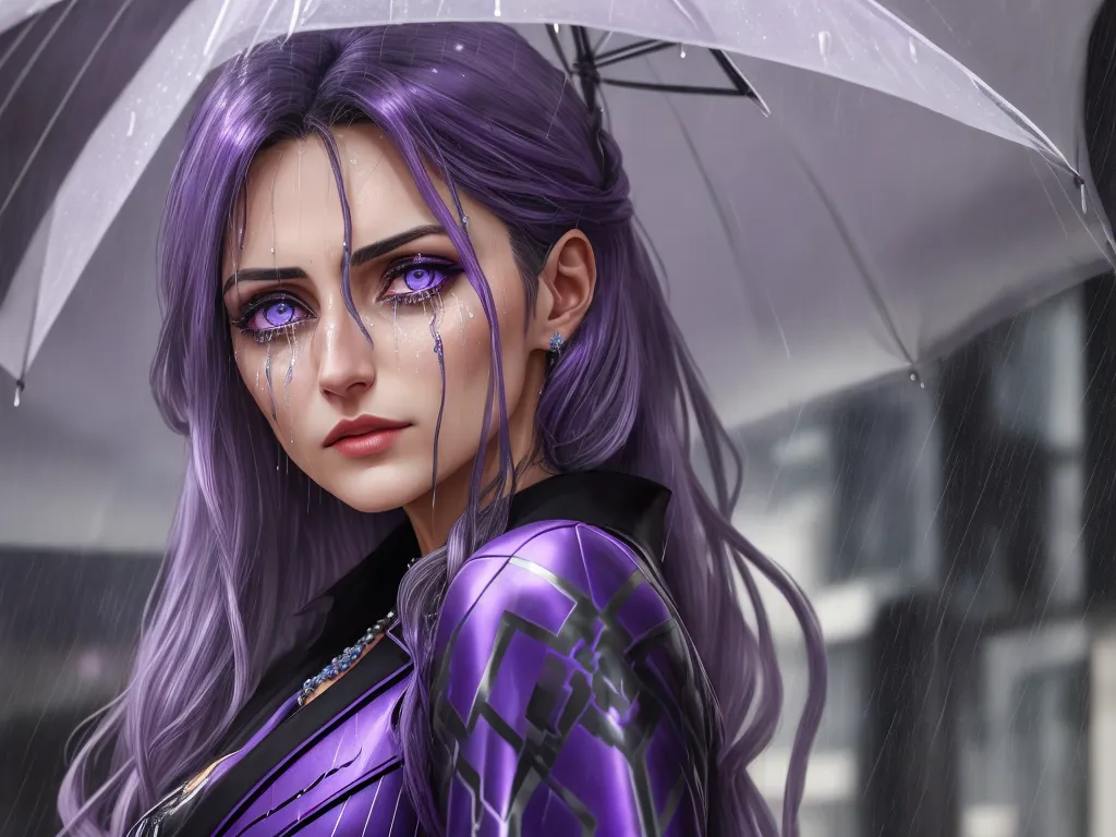 image quality lower - a woman with purple hair and makeup holding an umbrella in the rain, with rain falling on her face, by Cyril Rolando