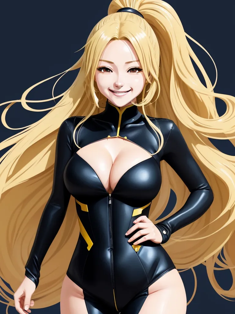 a cartoon of a woman in a black suit with blonde hair and a big breast, with a full body, by Terada Katsuya