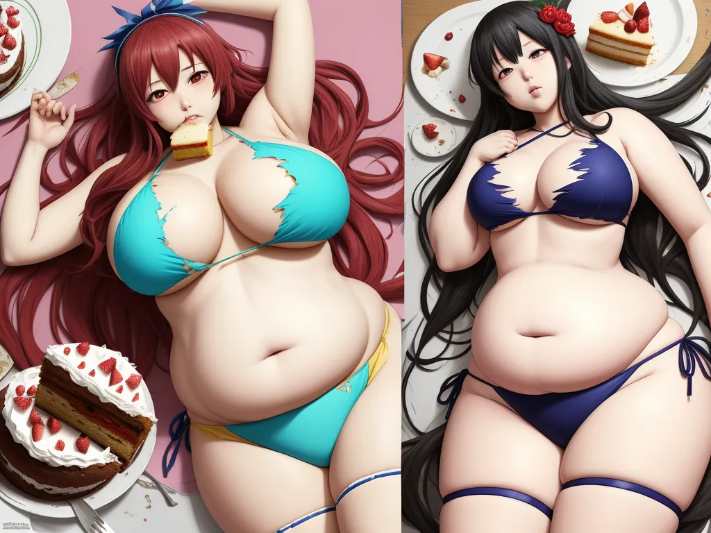 1080p to 4k converter picture - a woman in a bikini laying on a table next to a cake and a plate of cake on a plate, by Terada Katsuya