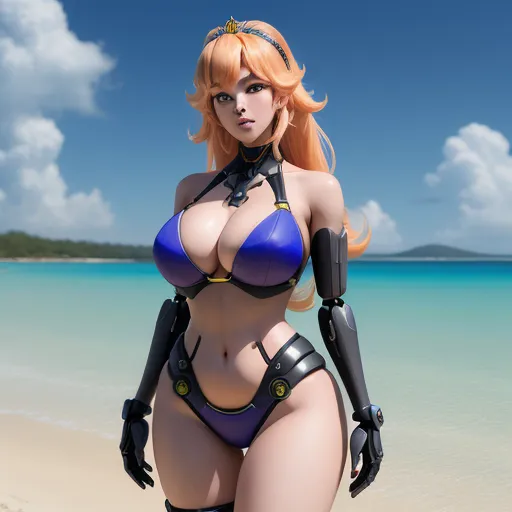 4k resolution converter picture - a woman in a bikini and a helmet on a beach with a body of water in the background and a sky with clouds, by Terada Katsuya