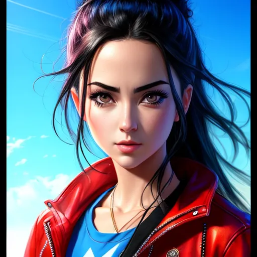 a woman with a red jacket and a blue shirt and a red jacket and a blue sky and clouds, by Daniela Uhlig