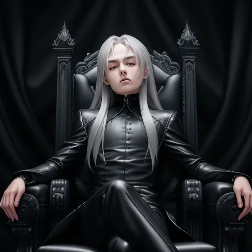 a woman sitting in a chair with a black background and a black background behind her is a black chair with a white haired woman in a black leather outfit, by Sailor Moon
