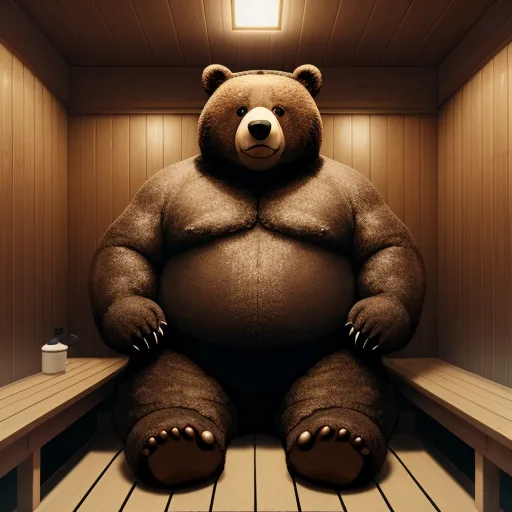 a large teddy bear sitting in a wooden room with a light on above it's head and a bench below it, by Anton Semenov