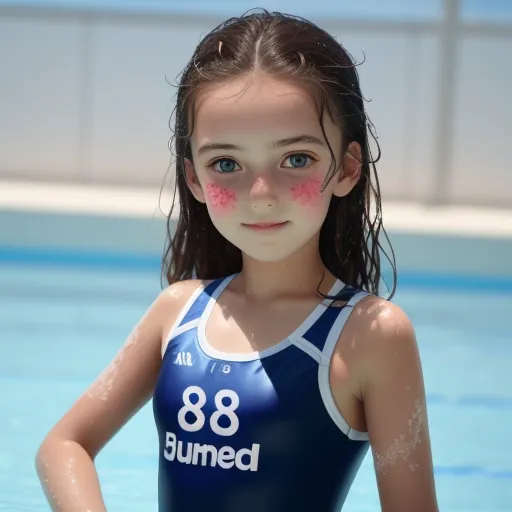 a young girl in a swimming suit with a pink spot on her cheek and a blue body suit with white lettering, by Terada Katsuya